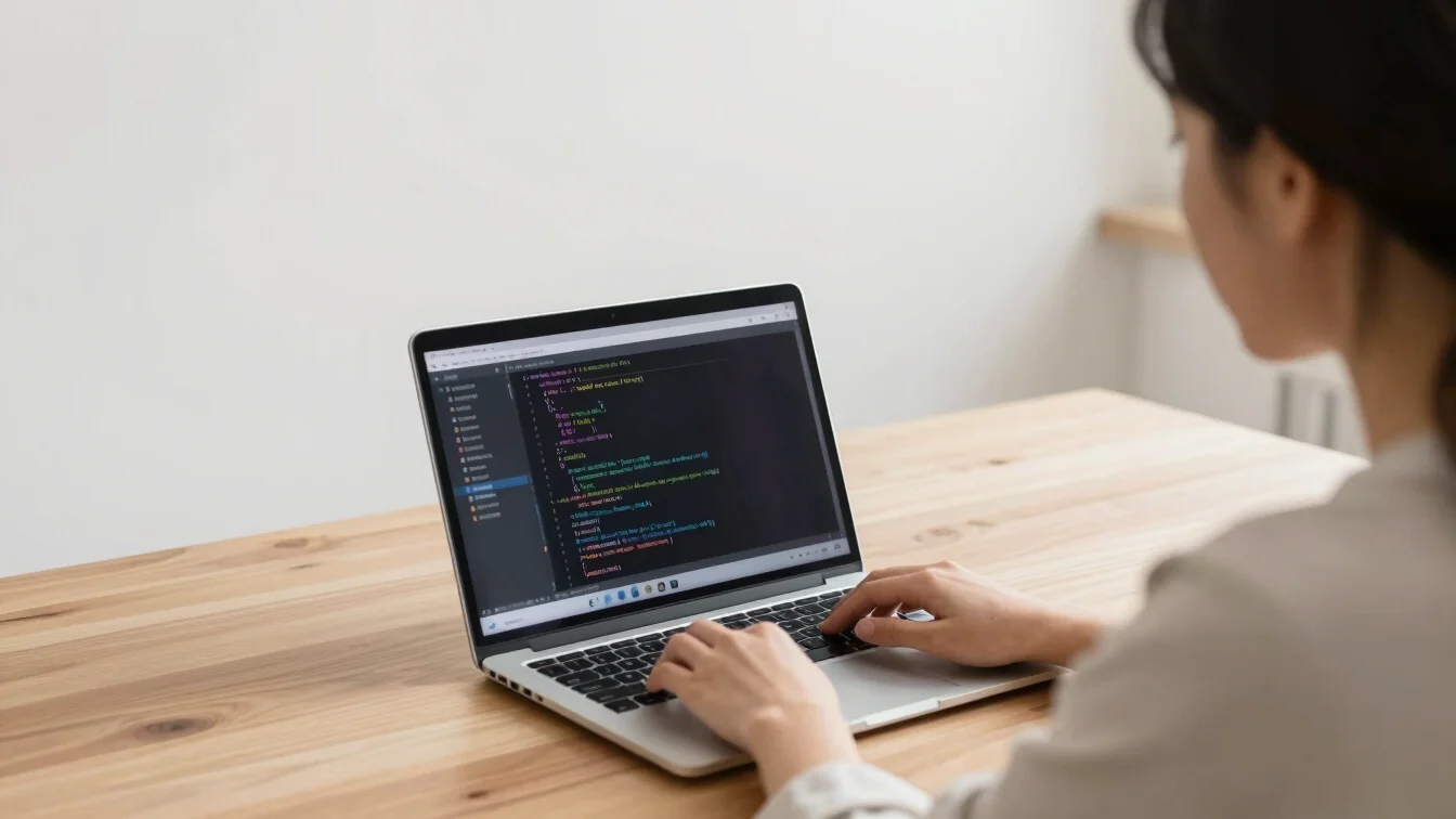 Engaged professional working on a laptop, screen showing AI code,
