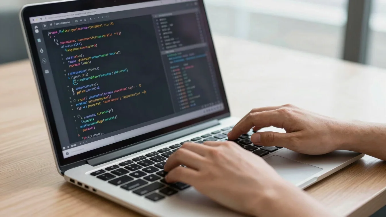 Close-up of hands coding Python on a laptop, data visualizations