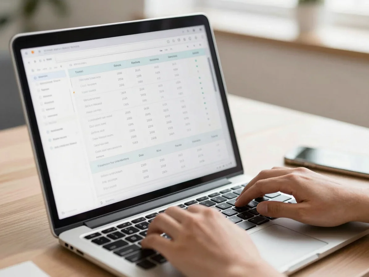 Crisp close-up of a laptop screen displaying a clean data visualization dashboard, with a professional's hands typing on