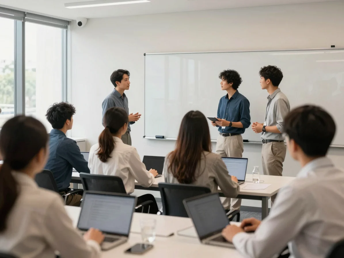 Medium environmental shot of professionals collaborating in a modern, bright corporate learning environment, digital whi