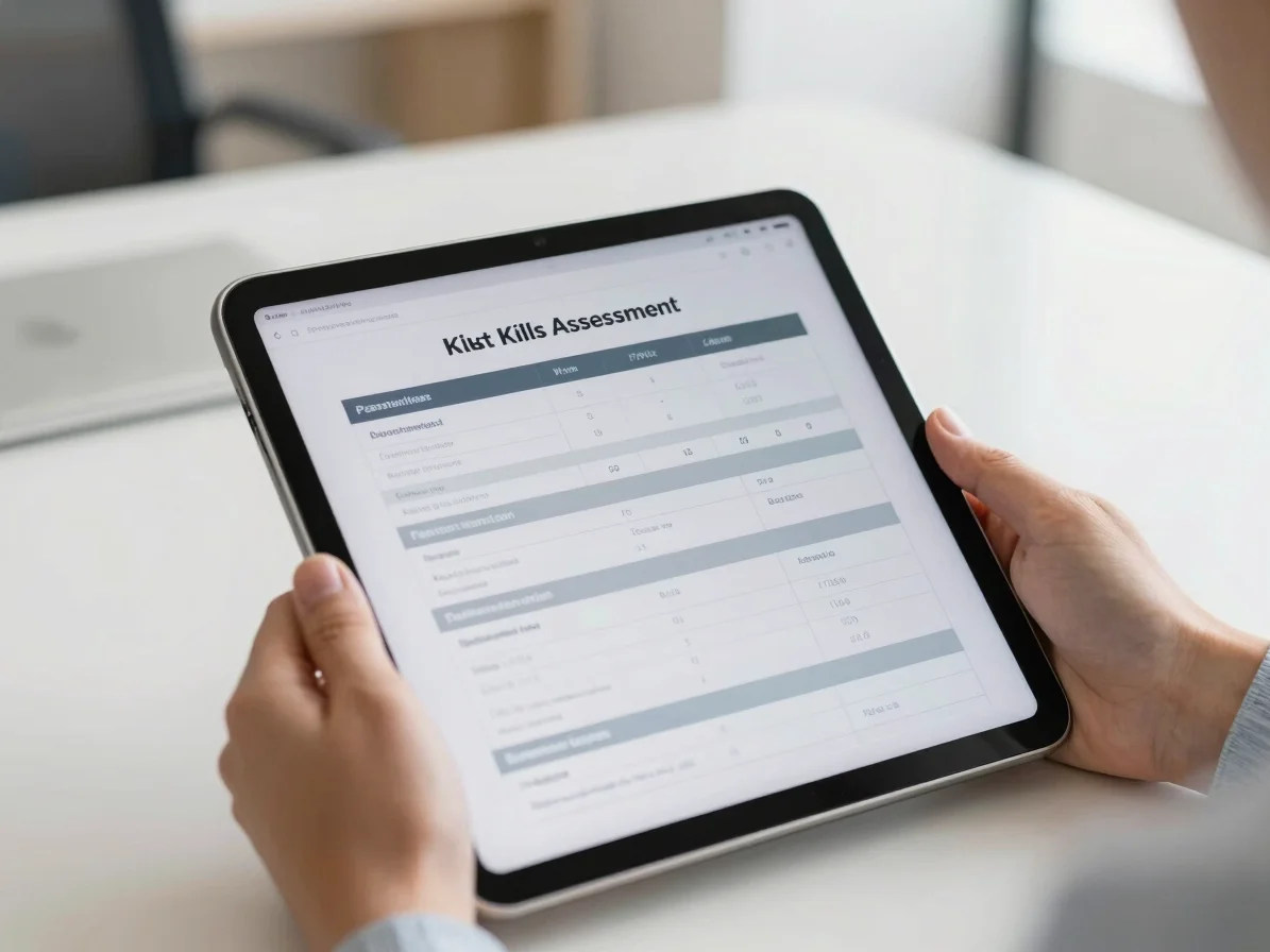 Sharp close-up of a tablet displaying a professional skills assessment report with clear metrics, held by a person in a